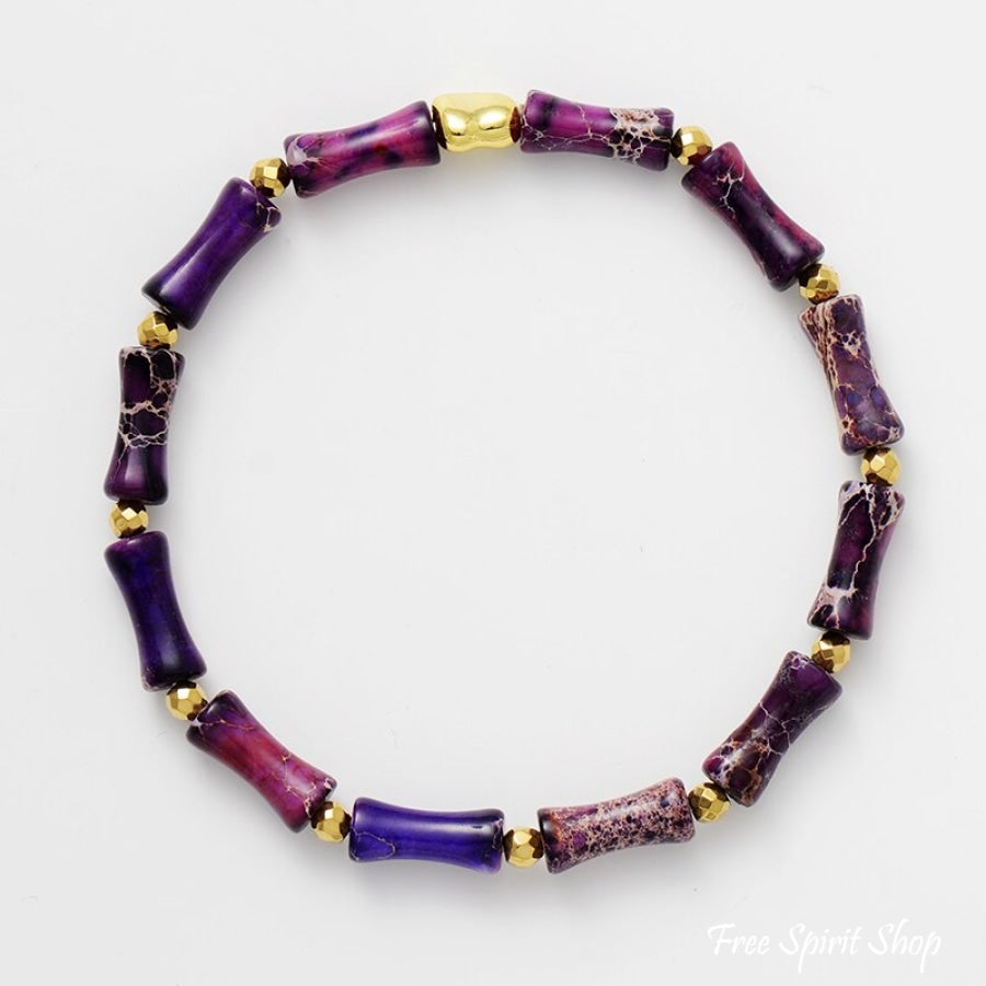 Set Of Purple Stone & Hamsa Hand Bead Bracelets Jasper Tubes / 18Cm