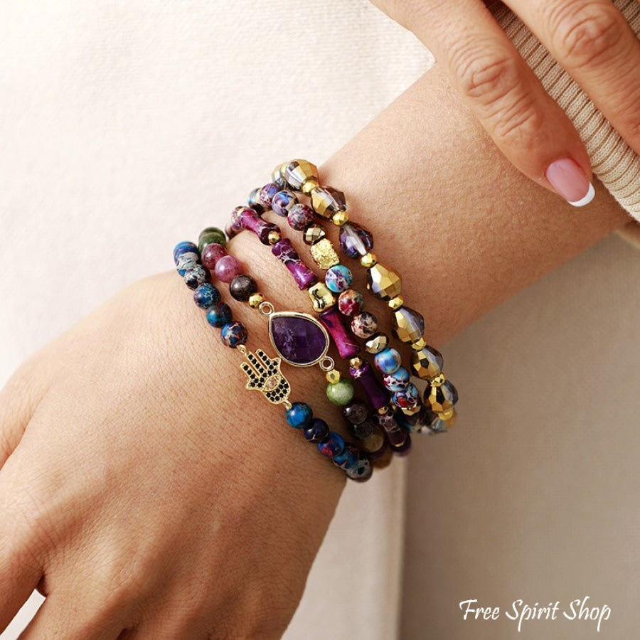 Set Of Purple Stone & Hamsa Hand Bead Bracelets