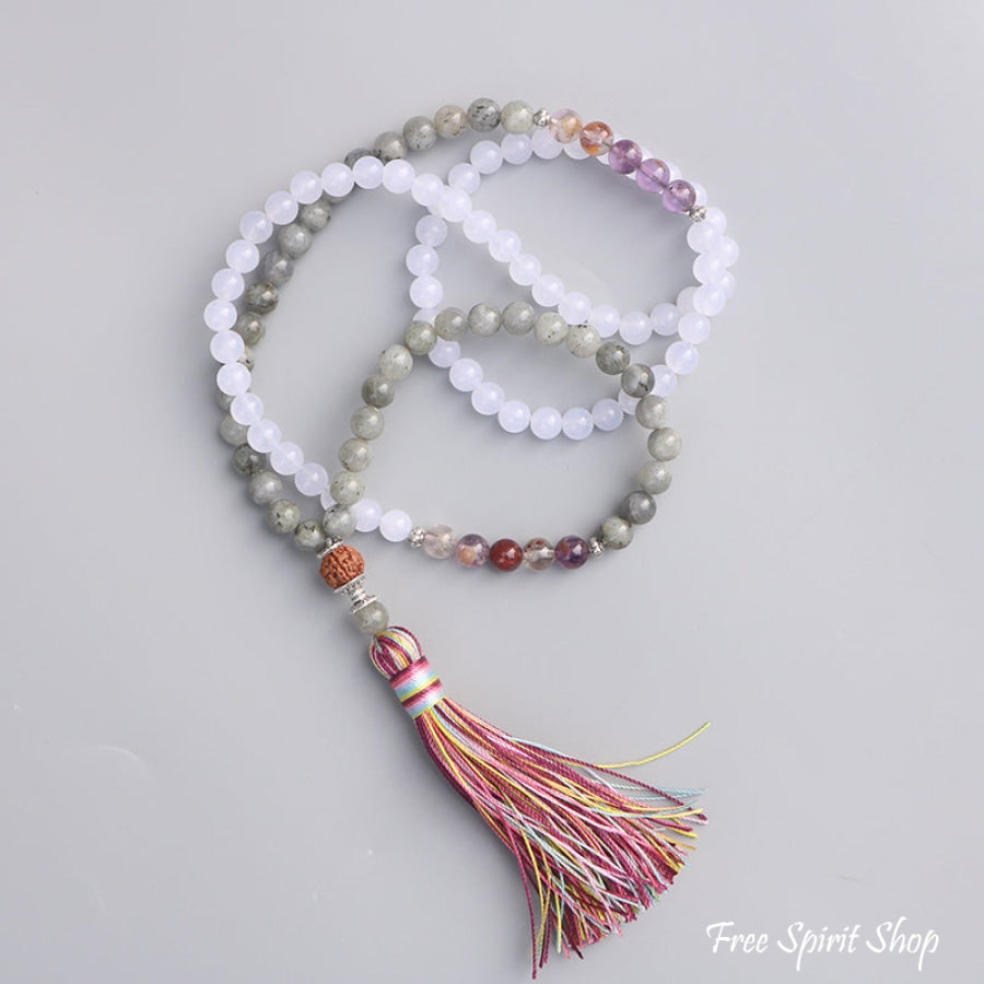 108 Labradorite White Jade & Rudraksha Mala Bead Necklace - Free Spirit Shop