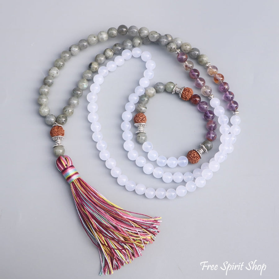 108 Labradorite White Jade & Rudraksha Mala Bead Necklace - Free Spirit Shop