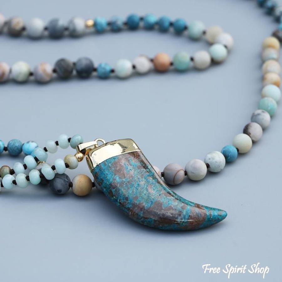 108 Natural Amazonite, Ocean Stone & Picasso Jasper Mala Necklace - Free Spirit Shop
