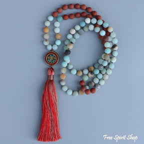 108 Natural Amazonite & Red Stone Bead Mala Prayer - Free Spirit Shop
