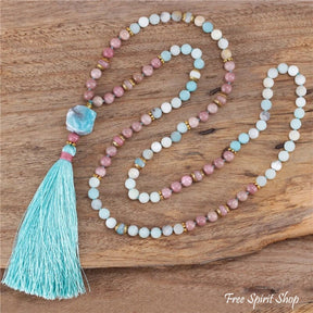 108 Natural Amazonite & Rhodonite Mala Bead Necklace Beads >