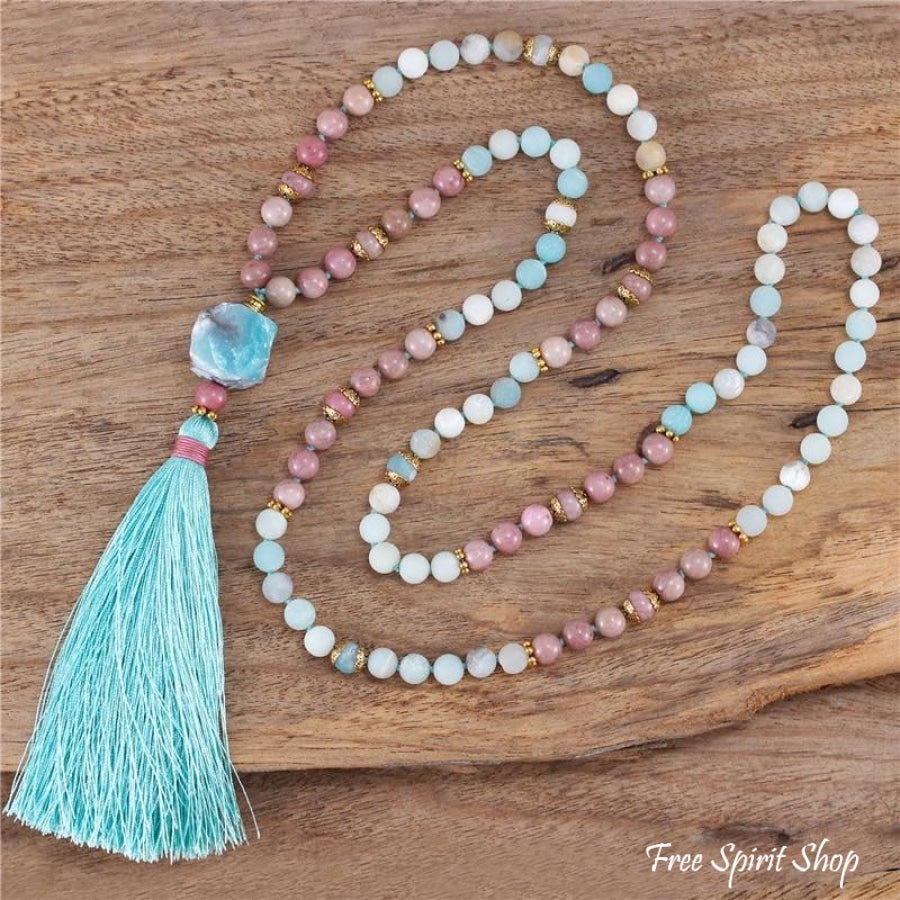 108 Natural Amazonite & Rhodonite Mala Bead Necklace - Free Spirit Shop