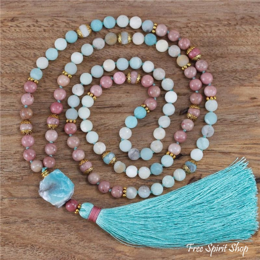 108 Natural Amazonite & Rhodonite Mala Bead Necklace - Free Spirit Shop