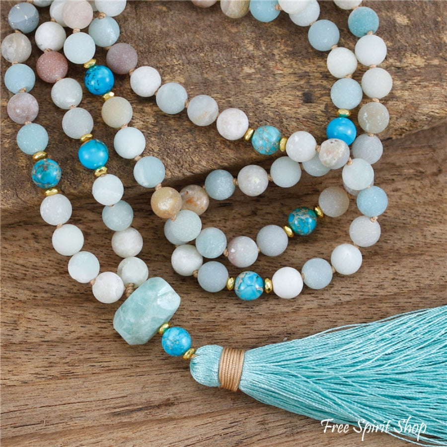 108 Natural Amazonite & Turquoise Jasper Mala Bead Necklace - Free Spirit Shop