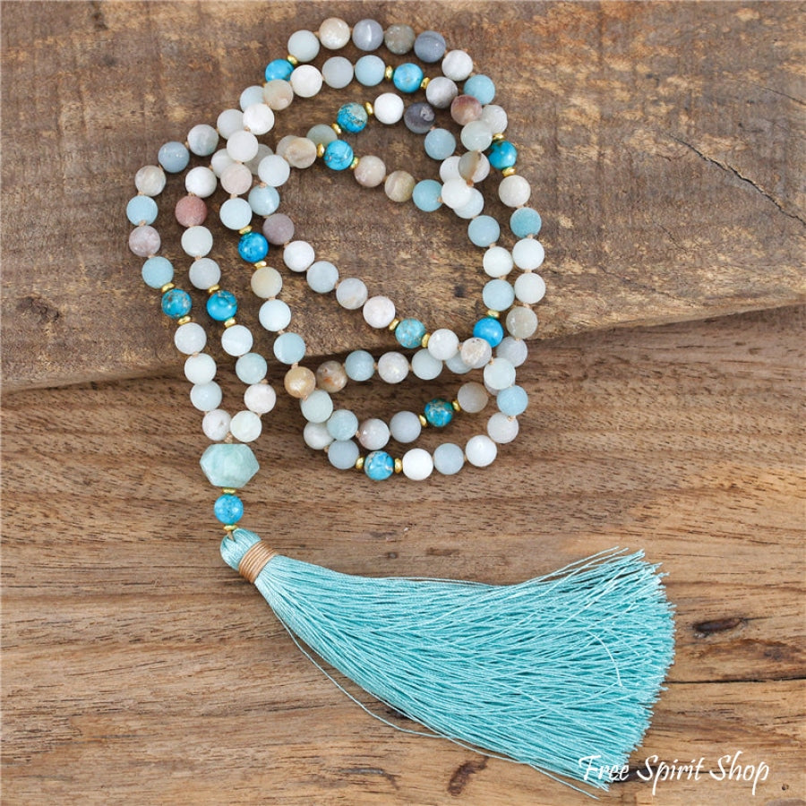 108 Natural Amazonite & Turquoise Jasper Mala Bead Necklace - Free Spirit Shop