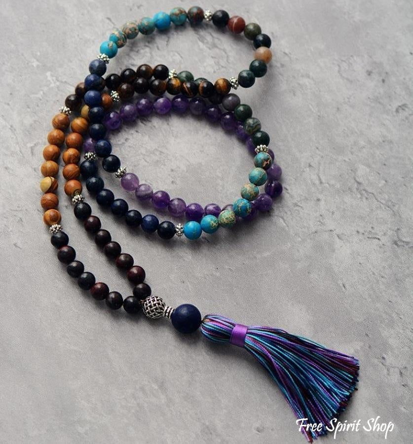 108 Natural Amethyst Agate & Jasper Mala Bead Necklace - Free Spirit Shop