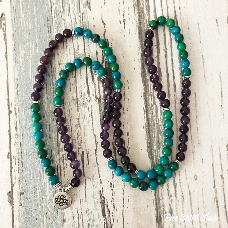 108 Natural Amethyst & Chrysocolla Mala Bead Bracelet - Free Spirit Shop