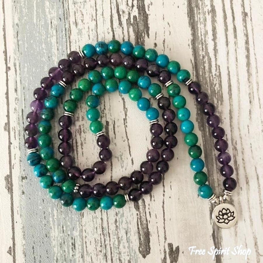 108 Natural Amethyst & Chrysocolla Mala Bead Bracelet - Free Spirit Shop