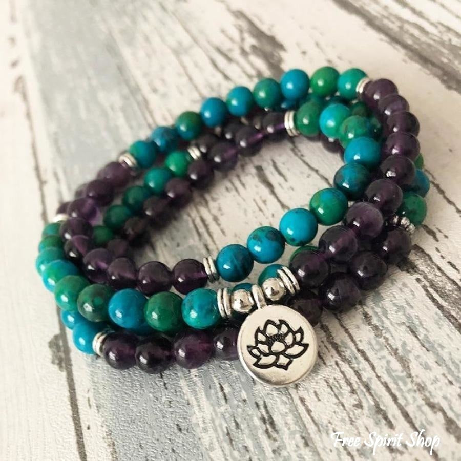 108 Natural Amethyst & Chrysocolla Mala Bead Bracelet - Free Spirit Shop