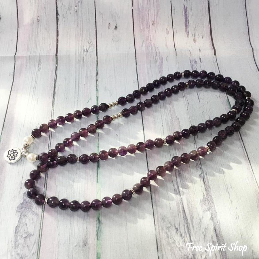 108 Natural Amethyst & Pearl Mala Bead Bracelet - Free Spirit Shop