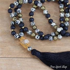 108 Natural Black Lava Dalmatian Jasper & Citrine Mala Bead Necklace - Free Spirit Shop