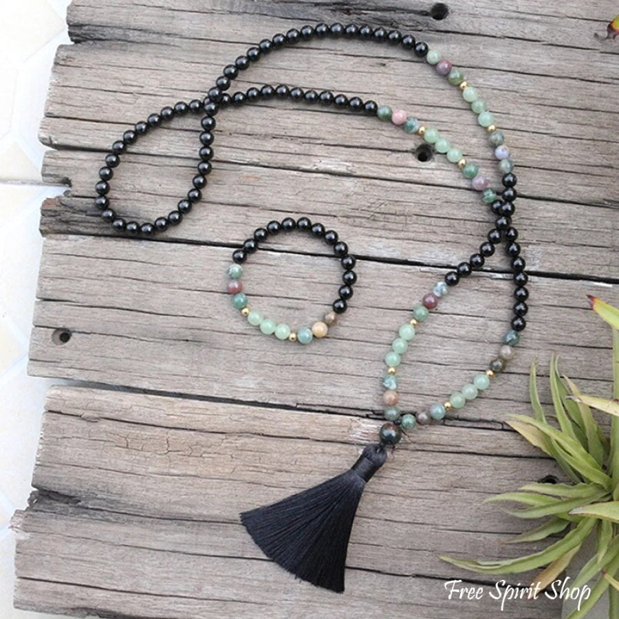 108 Natural Black Onyx Indian Agate & Green Aventurine Mala Bead Necklace / Bracelet Beads >