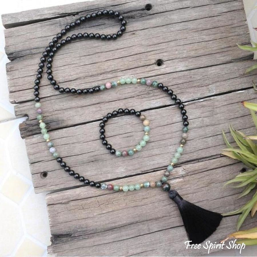 108 Natural Black Onyx, Indian Agate & Green Aventurine Mala Bead Necklace / Bracelet - Free Spirit Shop