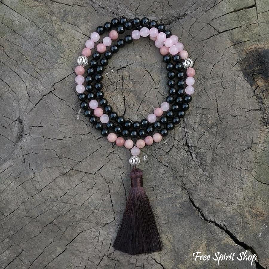 108 Natural Black Onyx Rhodonite & Rose Quartz Mala Beads - Free Spirit Shop