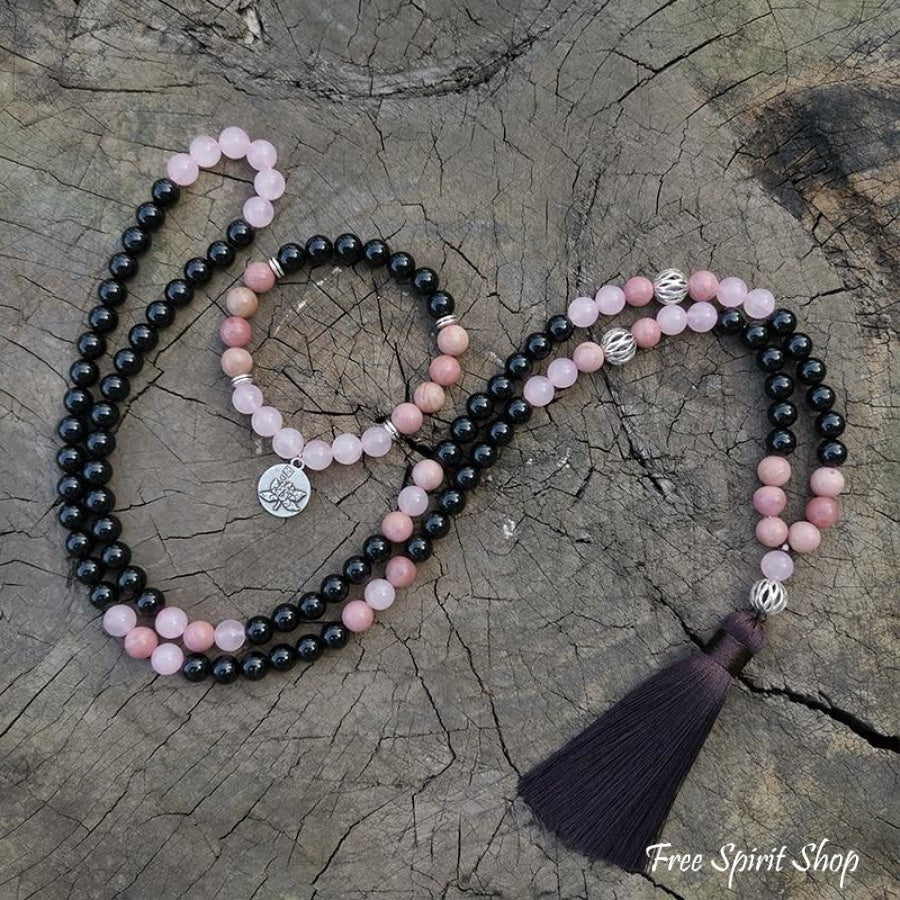 108 Natural Black Onyx Rhodonite & Rose Quartz Mala Beads - Free Spirit Shop