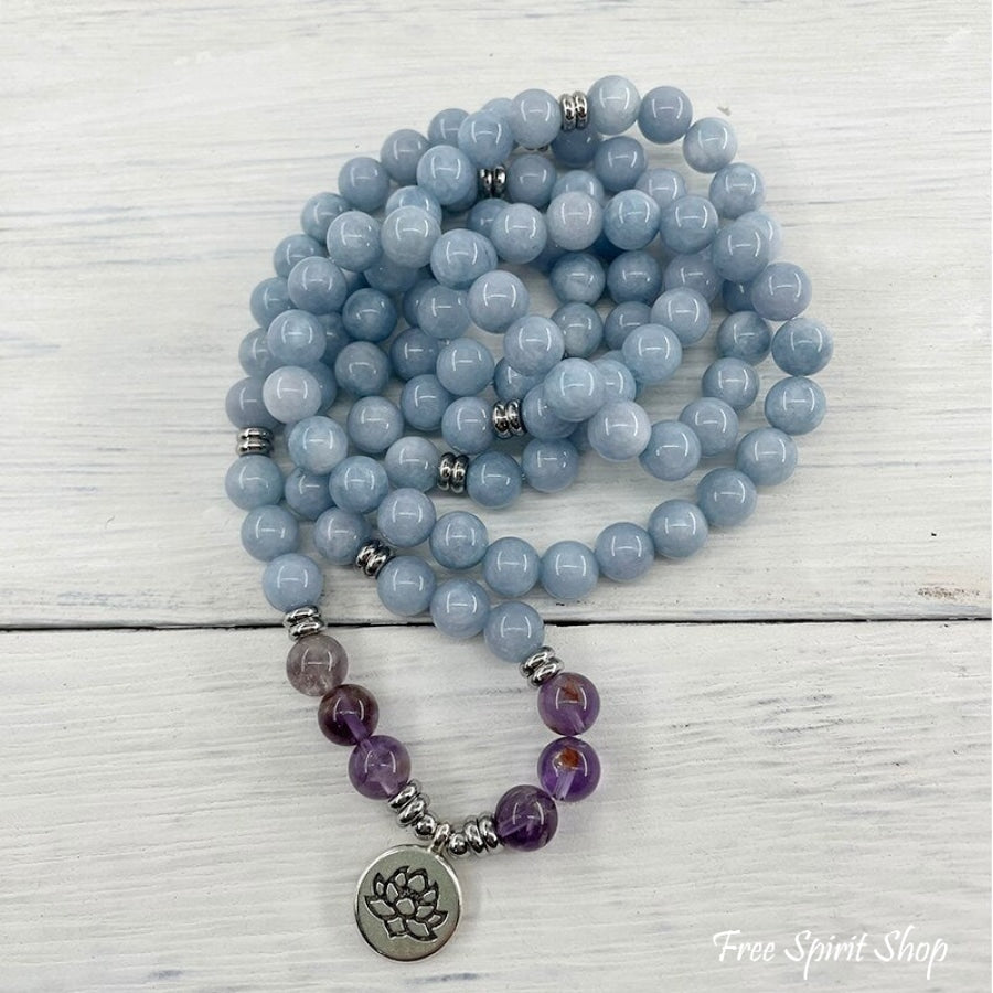 108 Natural Blue Calcite & Amethyst Mala Bead Bracelet - Free Spirit Shop