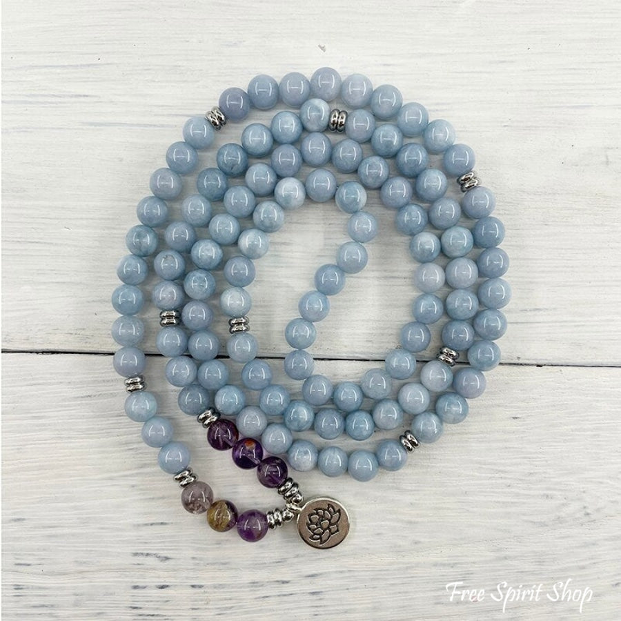 108 Natural Blue Calcite & Amethyst Mala Bead Bracelet - Free Spirit Shop