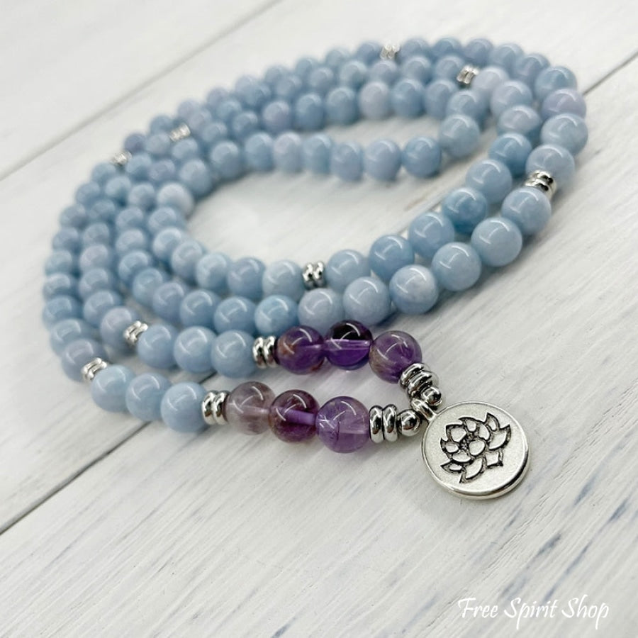 108 Natural Blue Calcite & Amethyst Mala Bead Bracelet - Free Spirit Shop