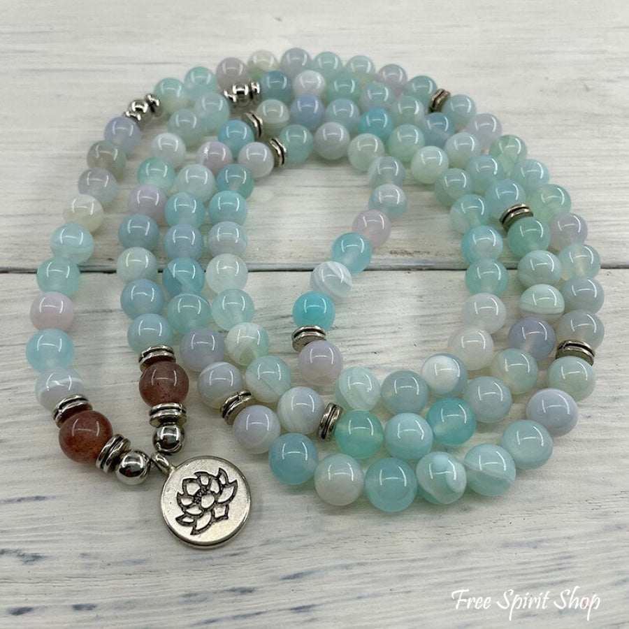 108 Natural Candy Agate & Strawberry Quartz Mala Bead Bracelet - Free Spirit Shop