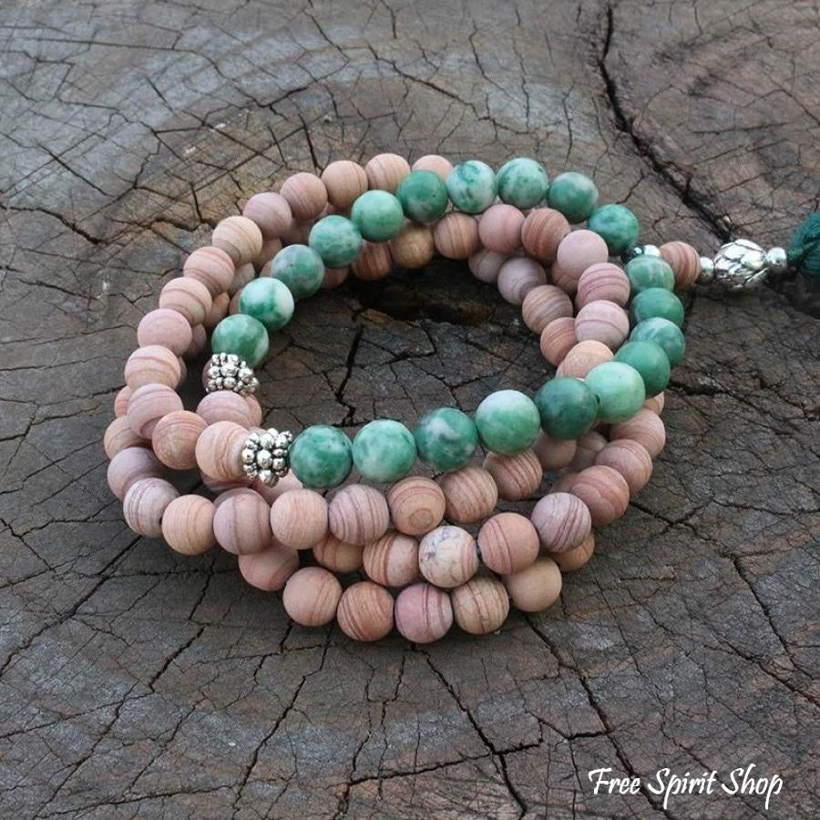 108 Natural Green Jadeite & Sand Stone Mala Bead Necklace / Bracelet - Free Spirit Shop