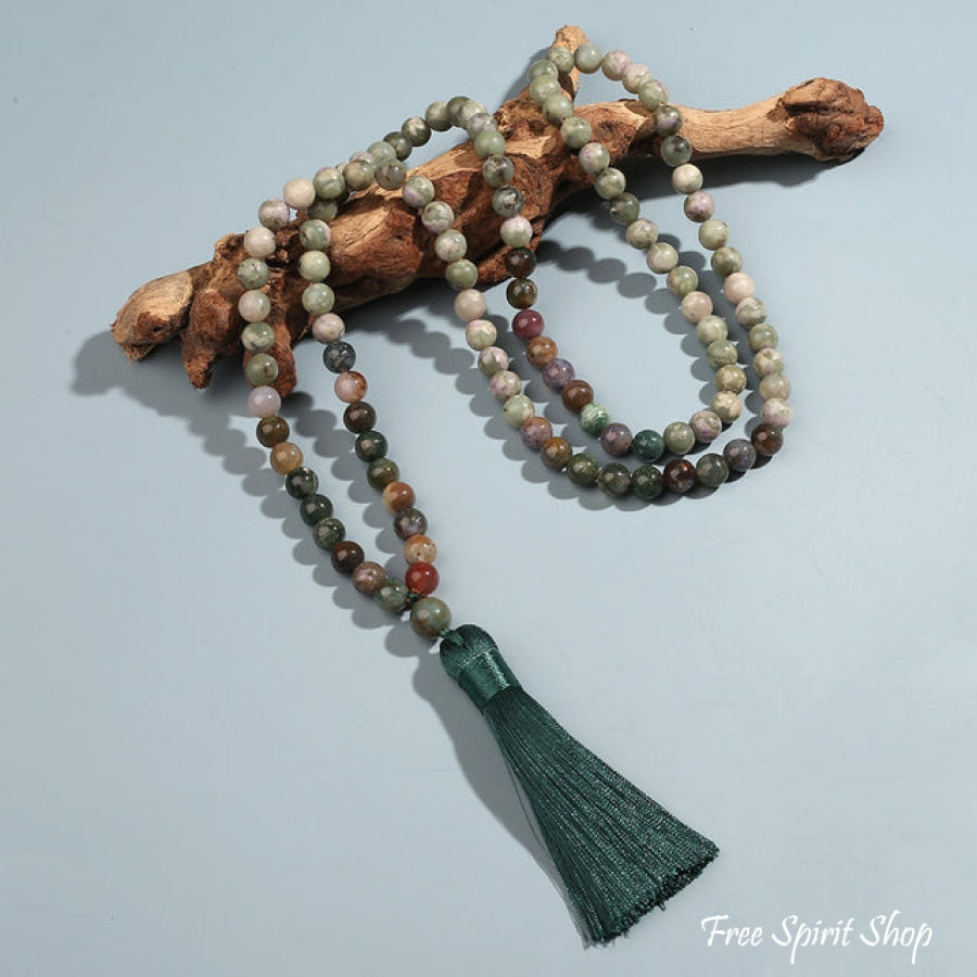 108 Natural Indian Agate & Green Jade Mala Bead Necklace & Bracelet - Free Spirit Shop