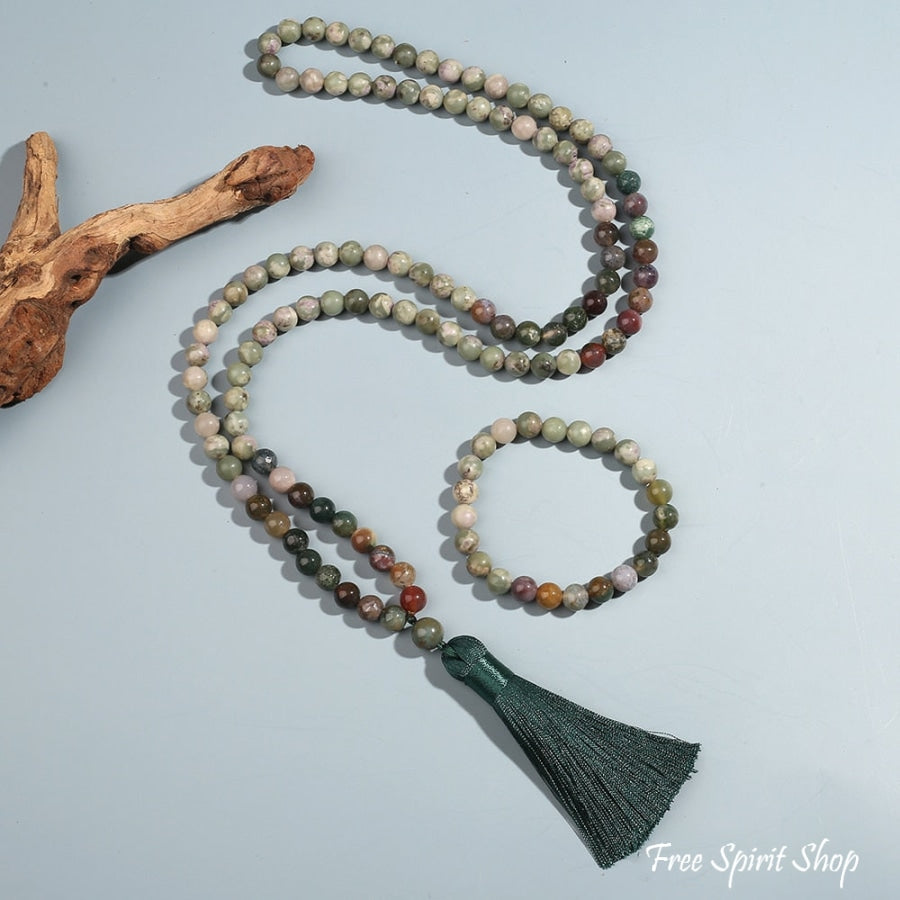108 Natural Indian Agate & Green Jade Mala Bead Necklace & Bracelet - Free Spirit Shop
