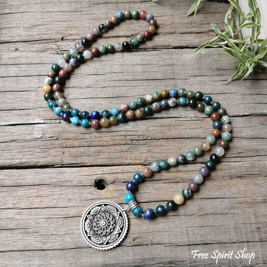 108 Natural Indian Onyx & Blue Apatite Mala Bead Necklace / Bracelet - Free Spirit Shop