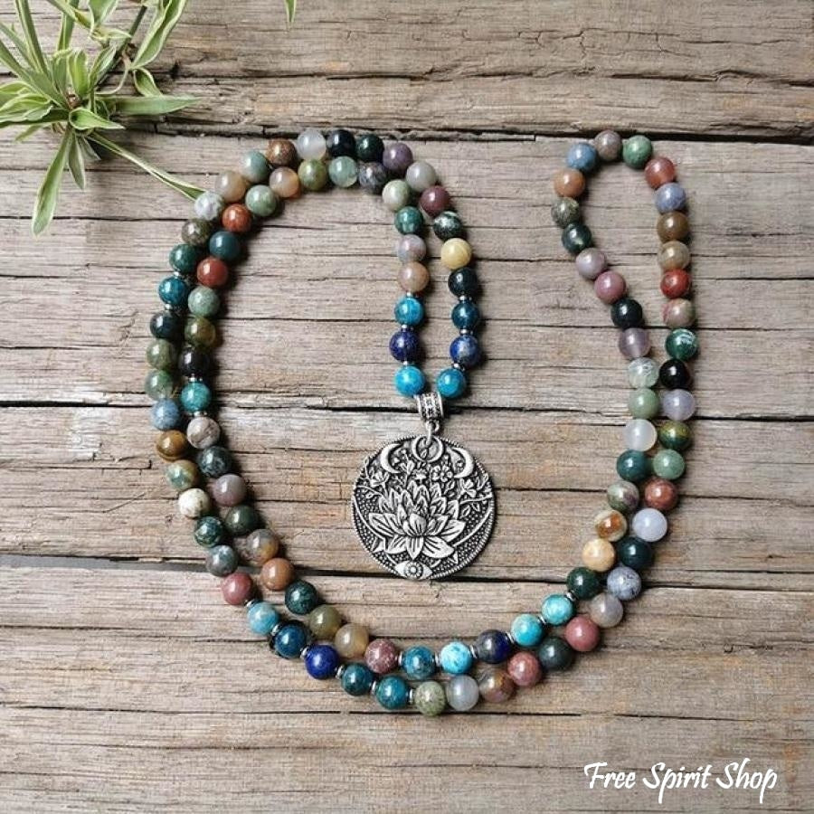 108 Natural Indian Onyx & Blue Apatite Mala Bead Necklace / Bracelet - Free Spirit Shop