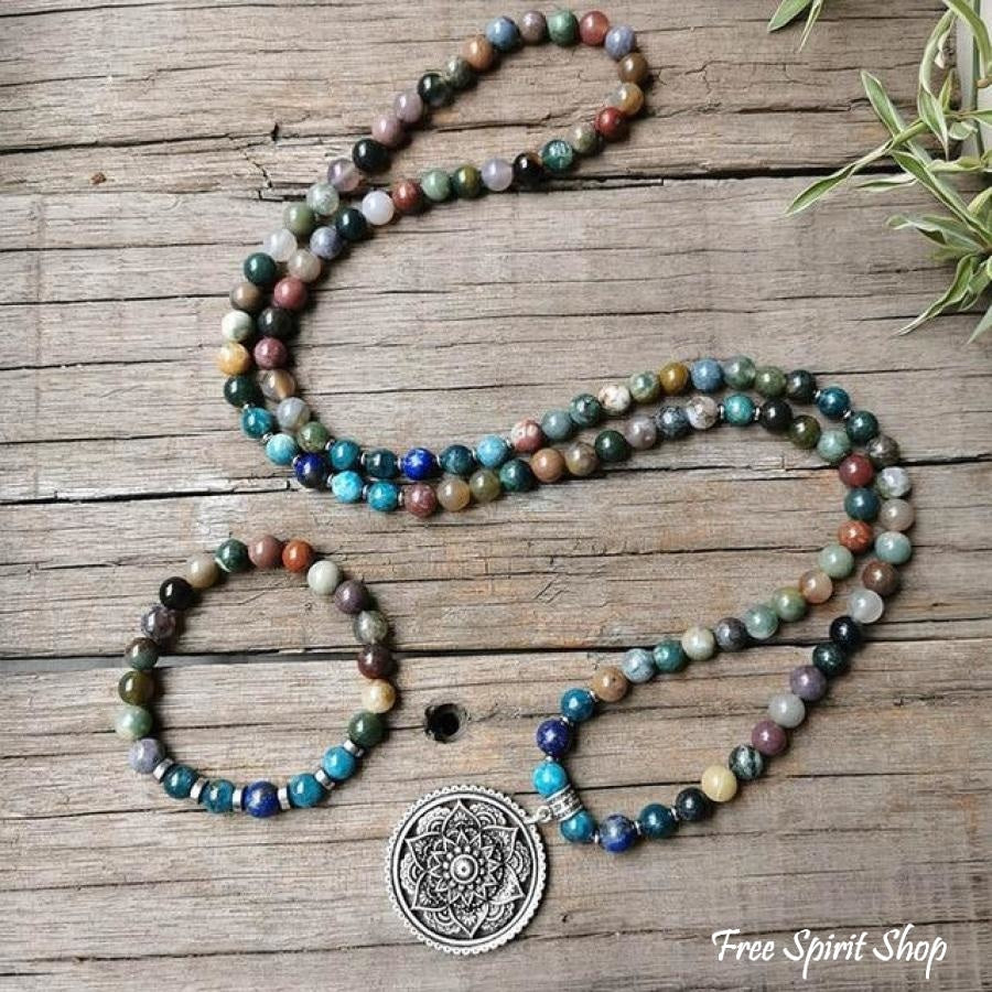 108 Natural Indian Onyx & Blue Apatite Mala Bead Necklace / Bracelet - Free Spirit Shop