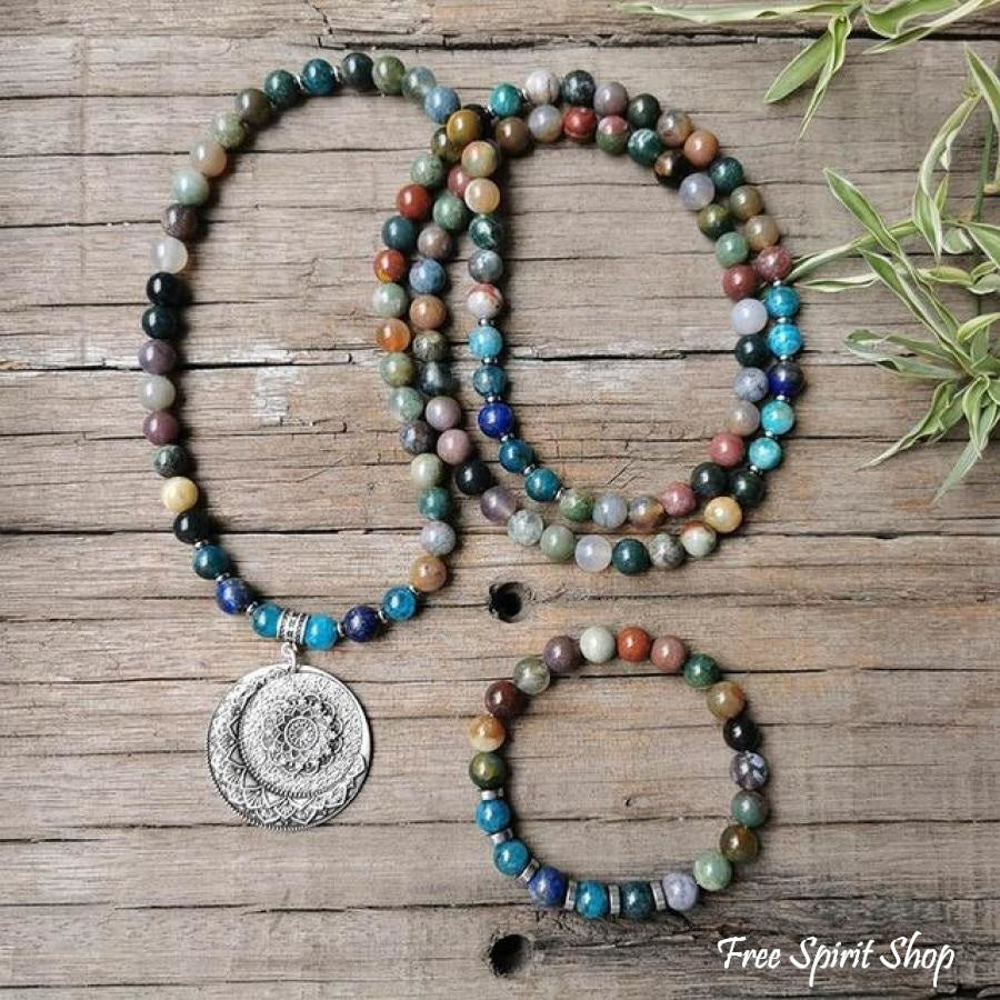 108 Natural Indian Onyx & Blue Apatite Mala Bead Necklace / Bracelet - Free Spirit Shop