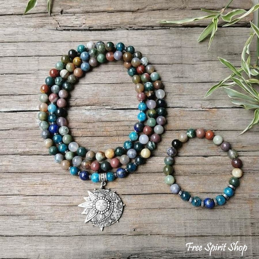 108 Natural Indian Onyx & Blue Apatite Mala Bead Necklace / Bracelet - Free Spirit Shop