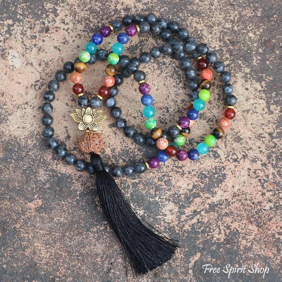 108 Natural Labradorite 7 Chakra & Rudraksha Mala Bead Necklace - Free Spirit Shop