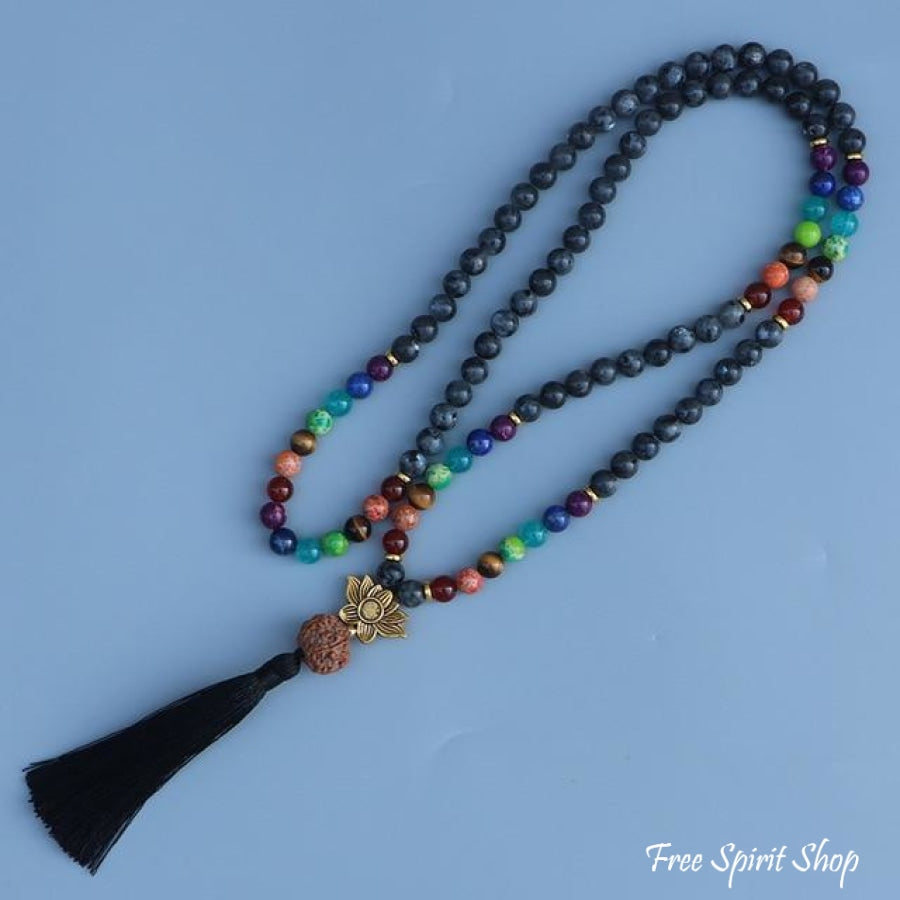 108 Natural Labradorite 7 Chakra & Rudraksha Mala Bead Necklace - Free Spirit Shop