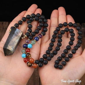 108 Natural Labradorite, Black Lava & 7 Chakra Stone Mala Bead Necklace - Free Spirit Shop