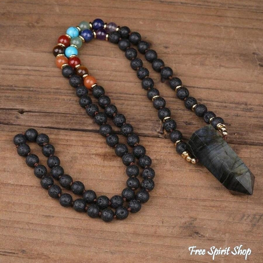 108 Natural Labradorite, Black Lava & 7 Chakra Stone Mala Bead Necklace - Free Spirit Shop