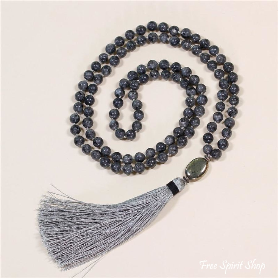 108 Natural Labradorite & Pyrite Mala Bead Necklace - Free Spirit Shop