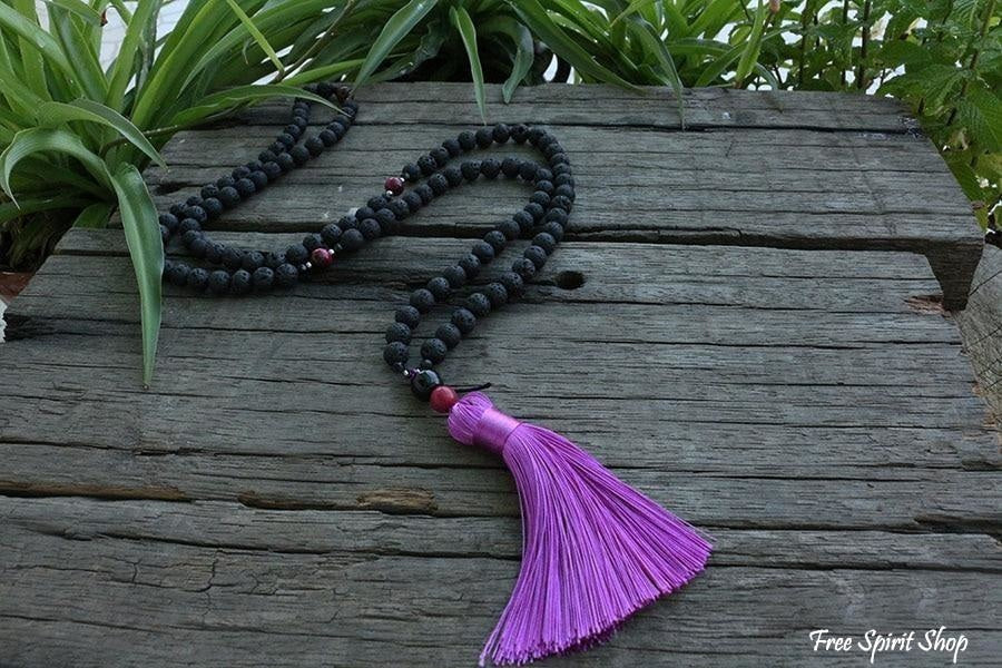 108 Natural Lava Stone & Pink Tiger Eye Mala Bead Necklace - Free Spirit Shop