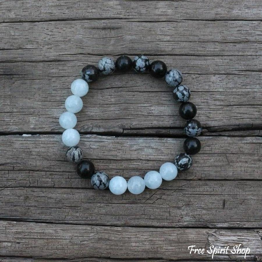 108 Natural Obsidian Snowflake, Aquamarine & Lava Stone Mala Prayer Beads - Free Spirit Shop