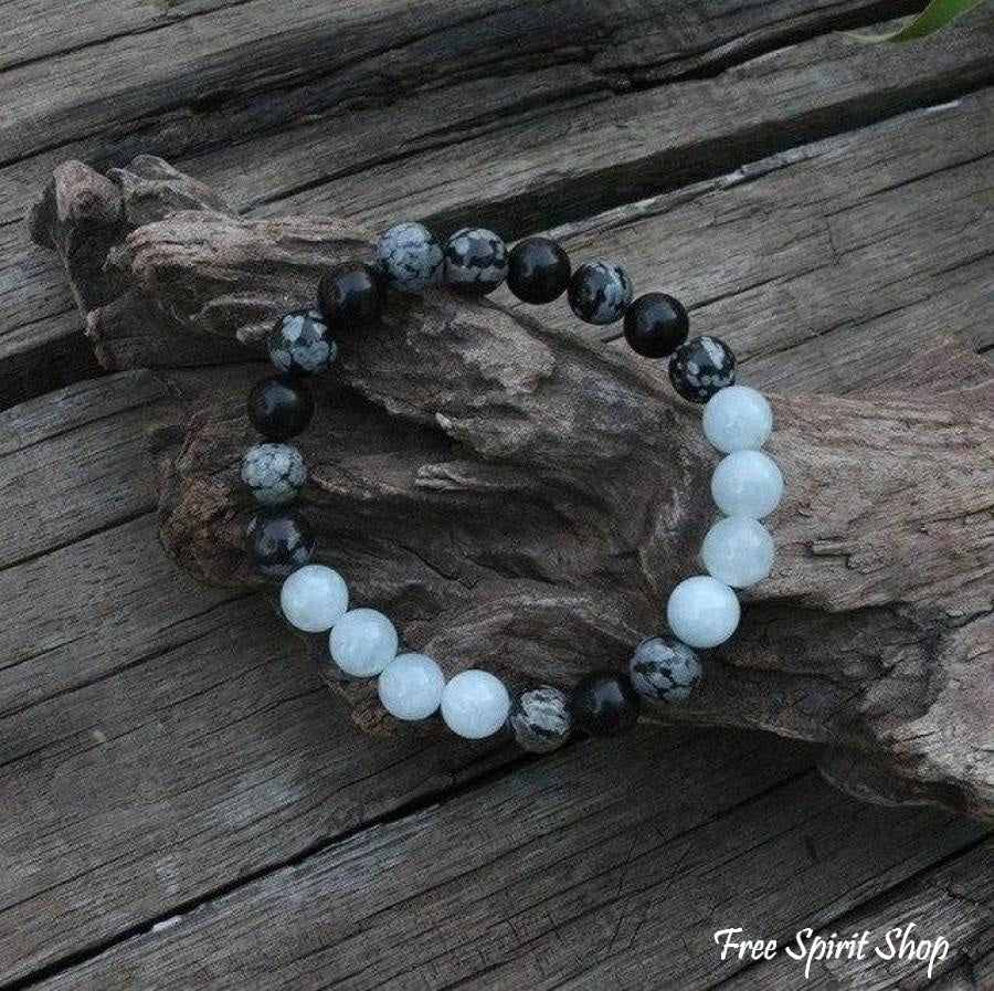 108 Natural Obsidian Snowflake, Aquamarine & Lava Stone Mala Prayer Beads - Free Spirit Shop