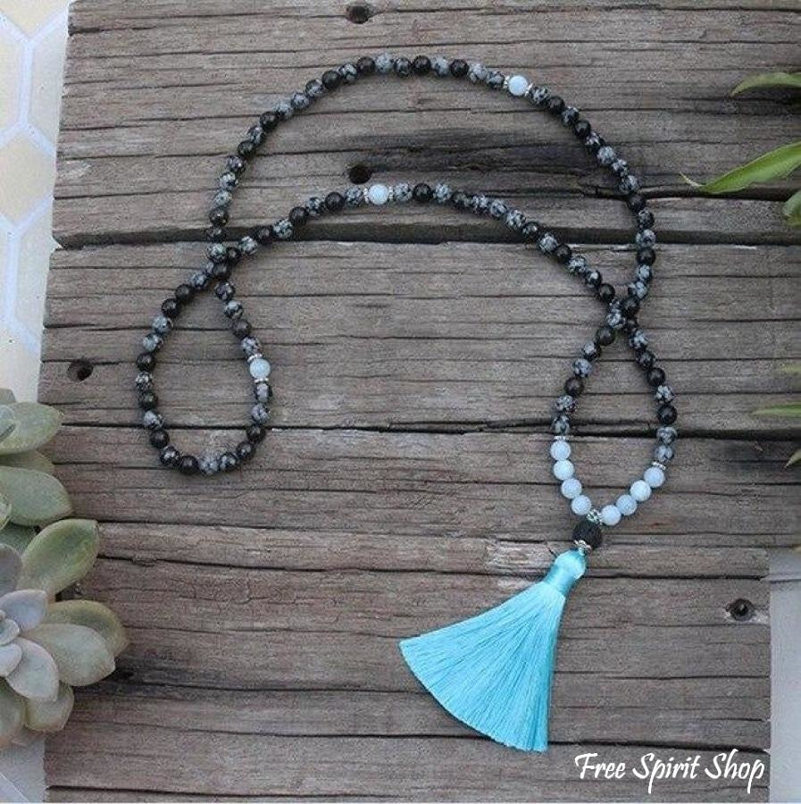 108 Natural Obsidian Snowflake, Aquamarine & Lava Stone Mala Prayer Beads - Free Spirit Shop