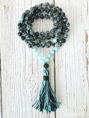108 Natural Obsidian Snowflake & Aquamarine Stone Mala Prayer Beads - Free Spirit Shop