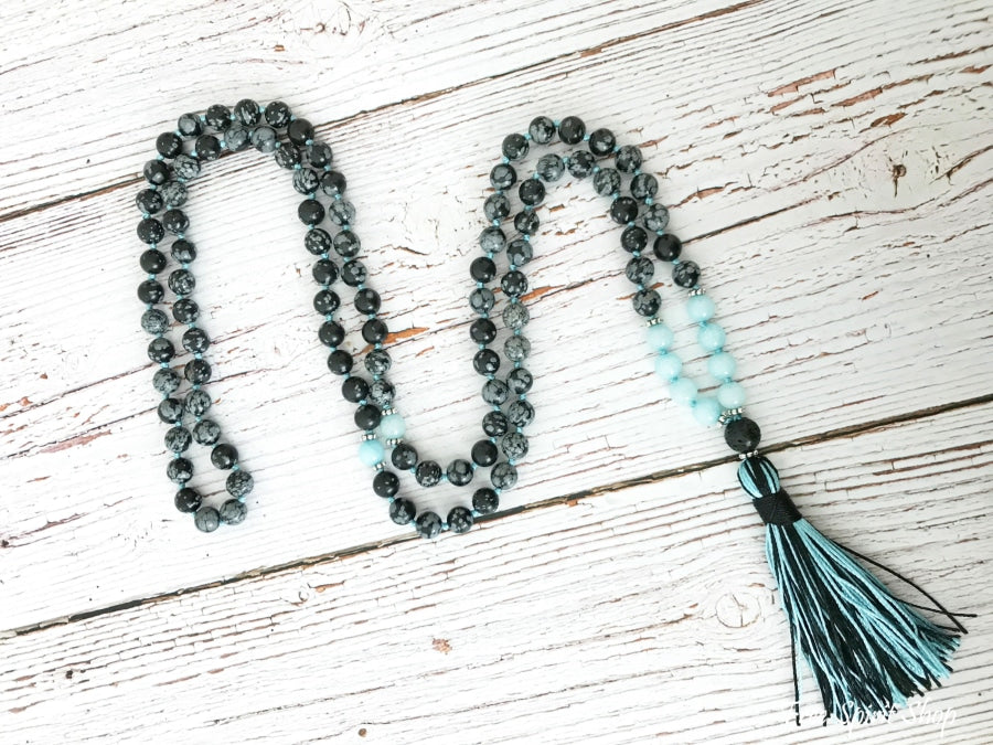 108 Natural Obsidian Snowflake & Aquamarine Stone Mala Prayer Beads - Free Spirit Shop
