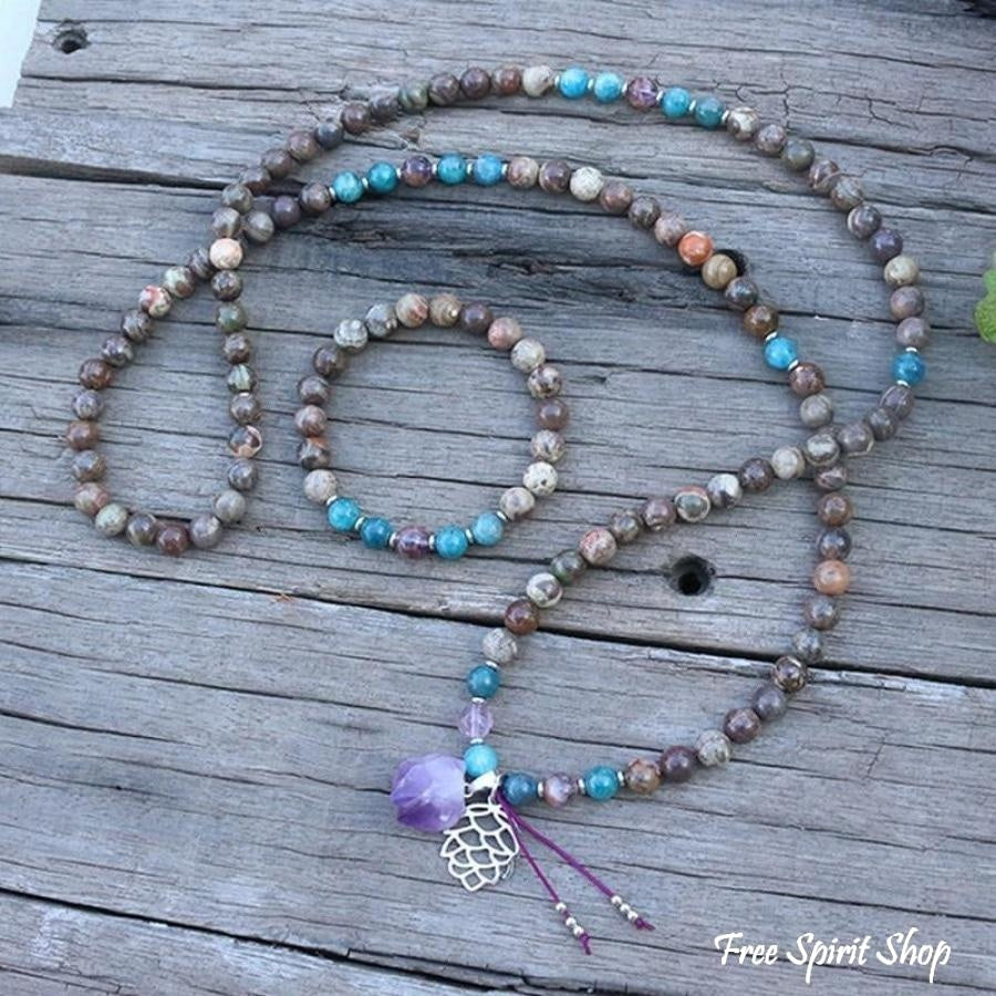 108 Natural Onyx Apatite & Amethyst Mala Bead Necklace / Bracelet - Free Spirit Shop