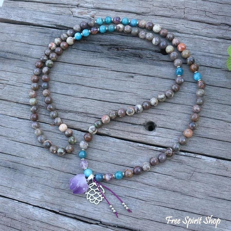 108 Natural Onyx Apatite & Amethyst Mala Bead Necklace / Bracelet - Free Spirit Shop