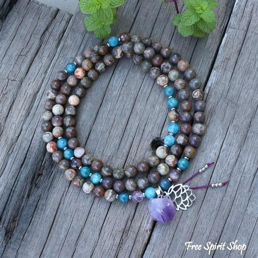 108 Natural Onyx Apatite & Amethyst Mala Bead Necklace / Bracelet - Free Spirit Shop