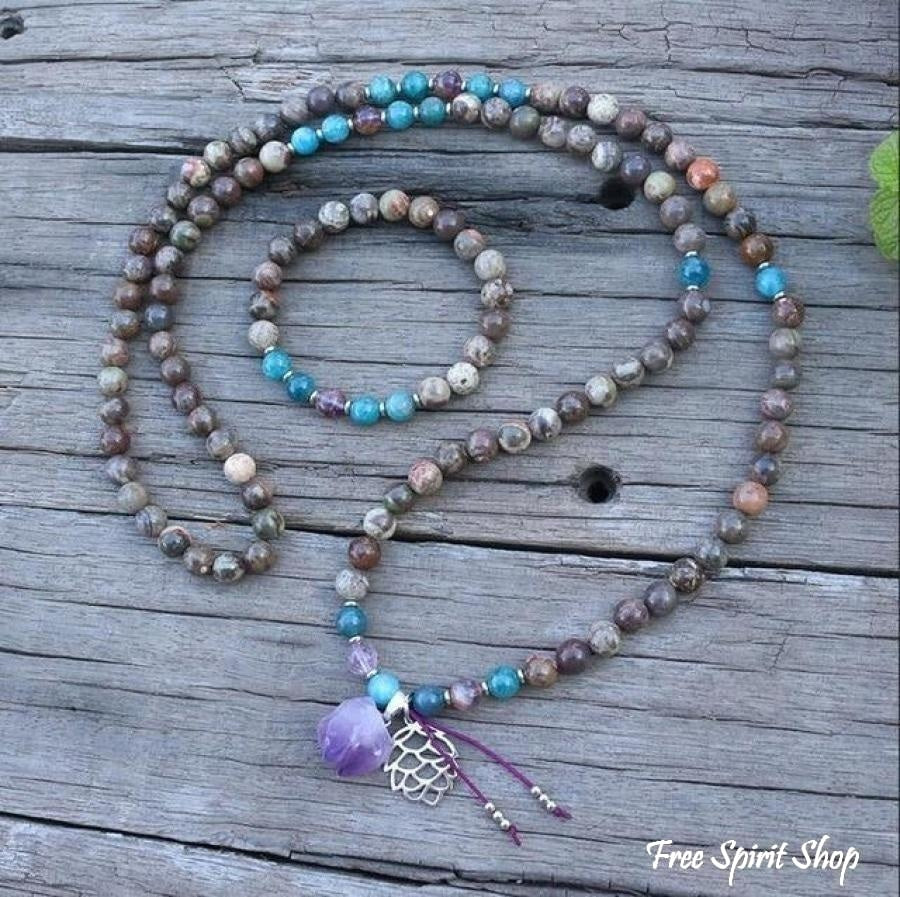 108 Natural Onyx Apatite & Amethyst Mala Bead Necklace / Bracelet - Free Spirit Shop