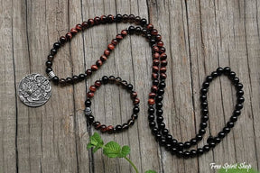 108 Natural Red Tiger Eye Black Onyx & Smoky Quartz Mala Beads - Free Spirit Shop