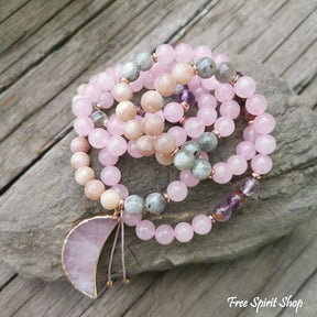 108 Natural Rose Quartz Amethyst & Green Jade Mala Bead Necklace / Bracelet - Free Spirit Shop